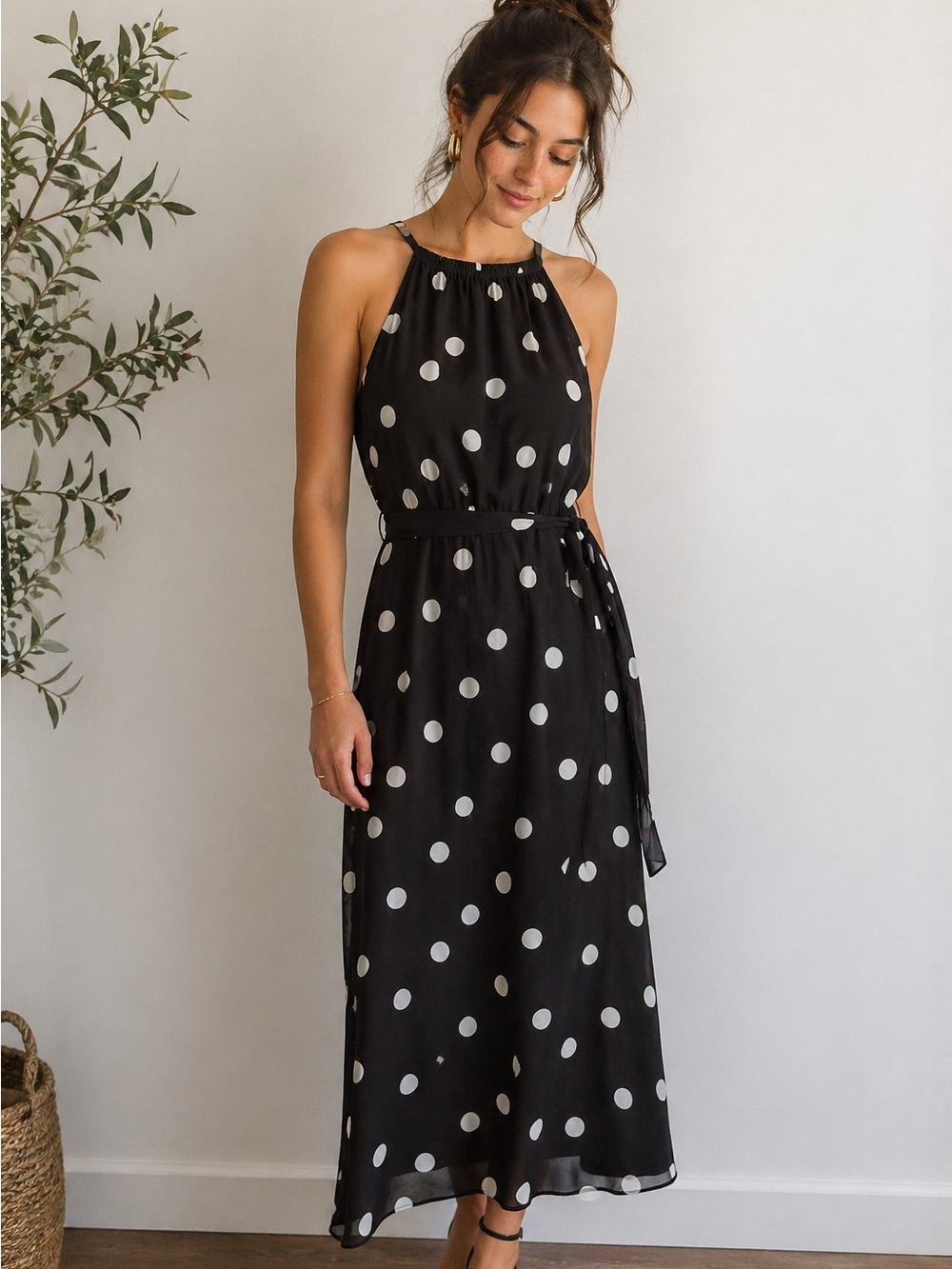 Banana Republic Black White Polka Dot Midi Dress Halter Parisian Chic Womens 2